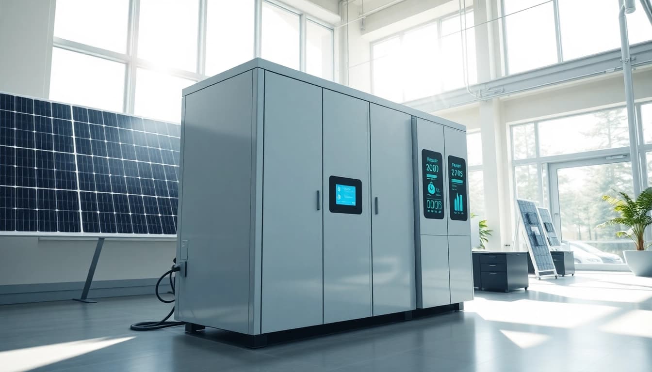 Innovative commercial storage solution showcasing a pre-assembled battery cabinet and energy management system for businesses.