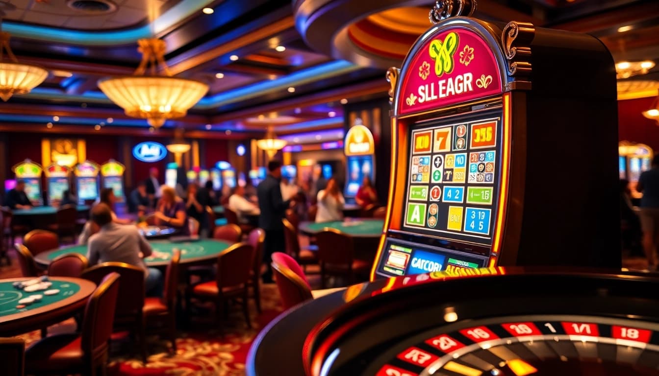 Exciting scene of a SLOT GACOR machine amidst a vibrant casino atmosphere with players celebrating wins.