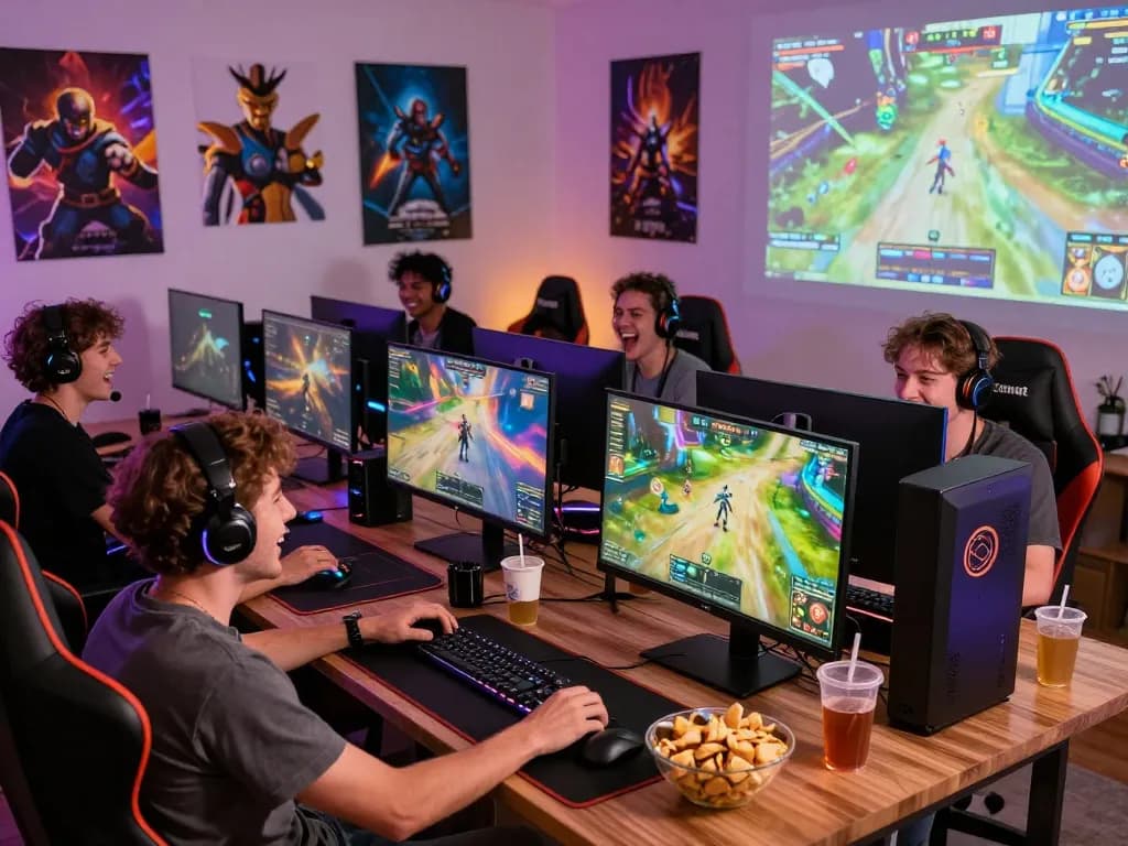 Exciting gaming environment with players enjoying autowin88 in vibrant home setups, showcasing modern equipment and intense atmosphere.