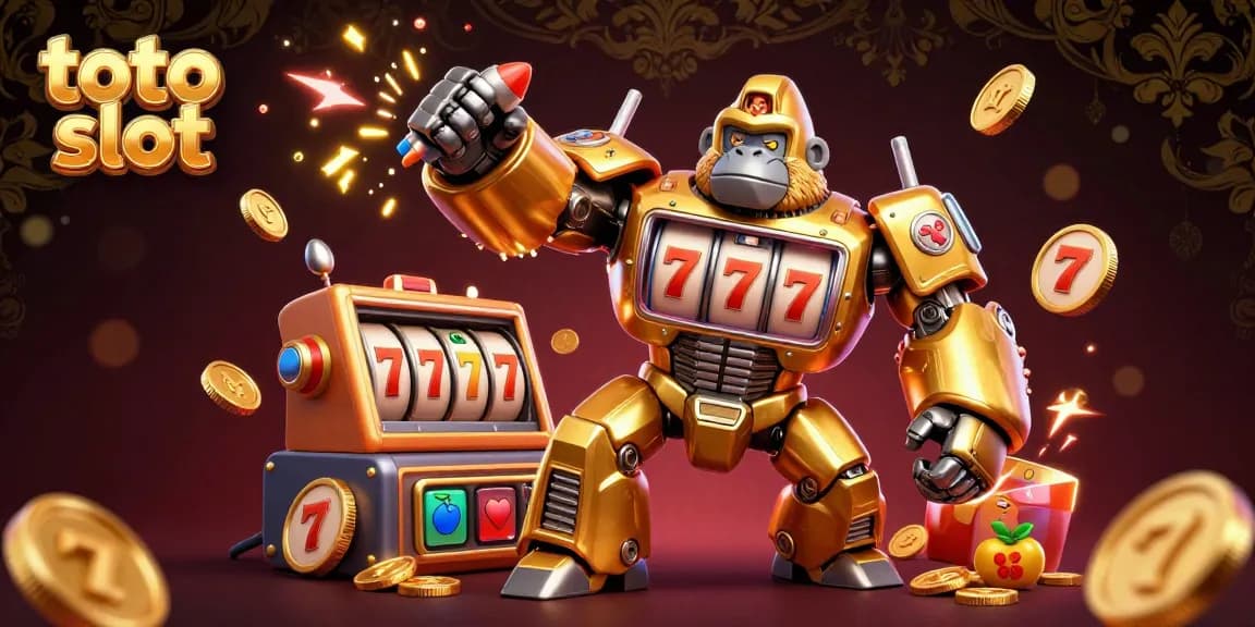 Toto slot-themed 3D illustration featuring a gorilla mech with slot machine parts, flying reels, and dynamic game elements.