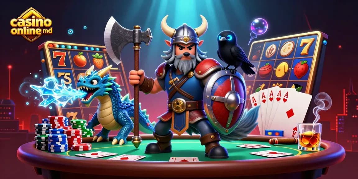 Acest design vibrant pentru casino online md prezintă un viking, un dragon și un corb pe un fond de sloturi.