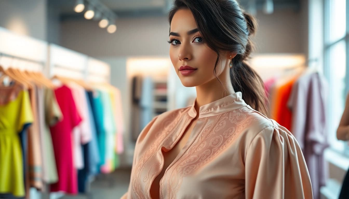 Elegant stof voor blouse in een trendy boetiek met kleurrijke kleding.