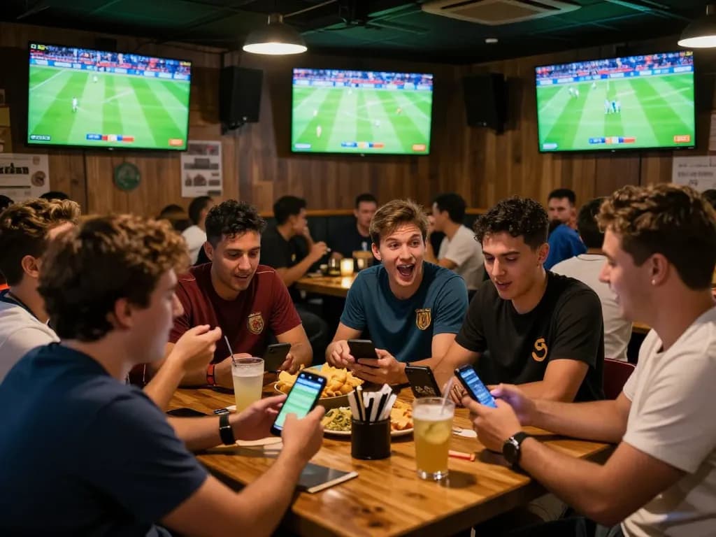 Excited fans engaging in trang cá cược bóng đá uy tín while cheering for their teams in a bustling sports bar.