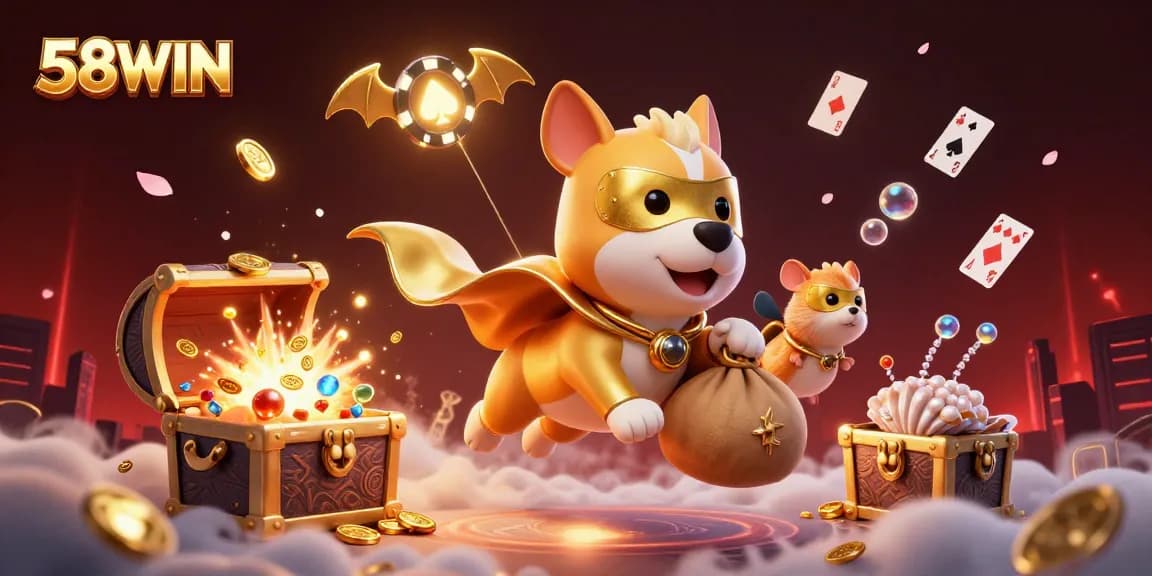 Experience thrilling gameplay with 58WIN as the superhero dog carries gold coins and poker chips
