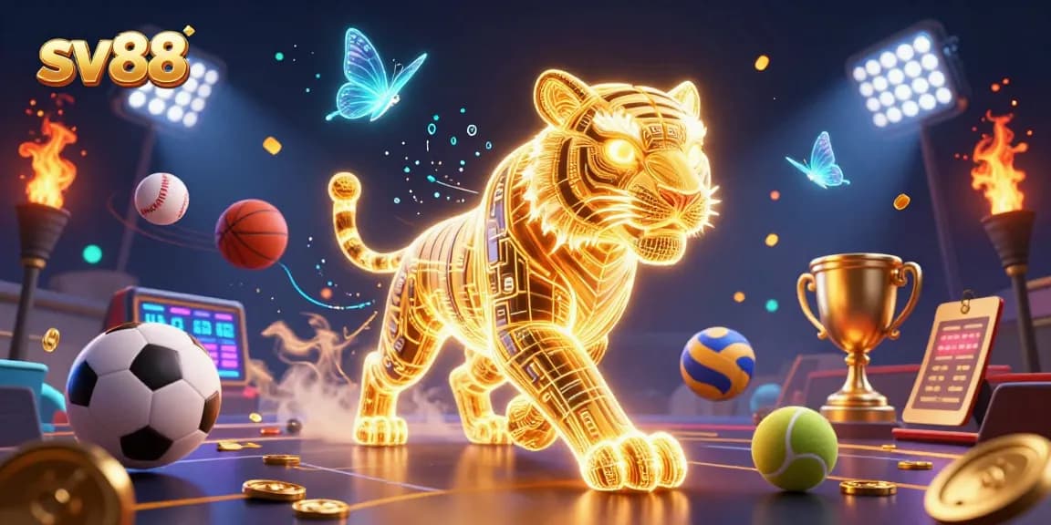 Win big at sv88 with an electrifying 3D casino experience featuring a glowing tiger and sports fun!
