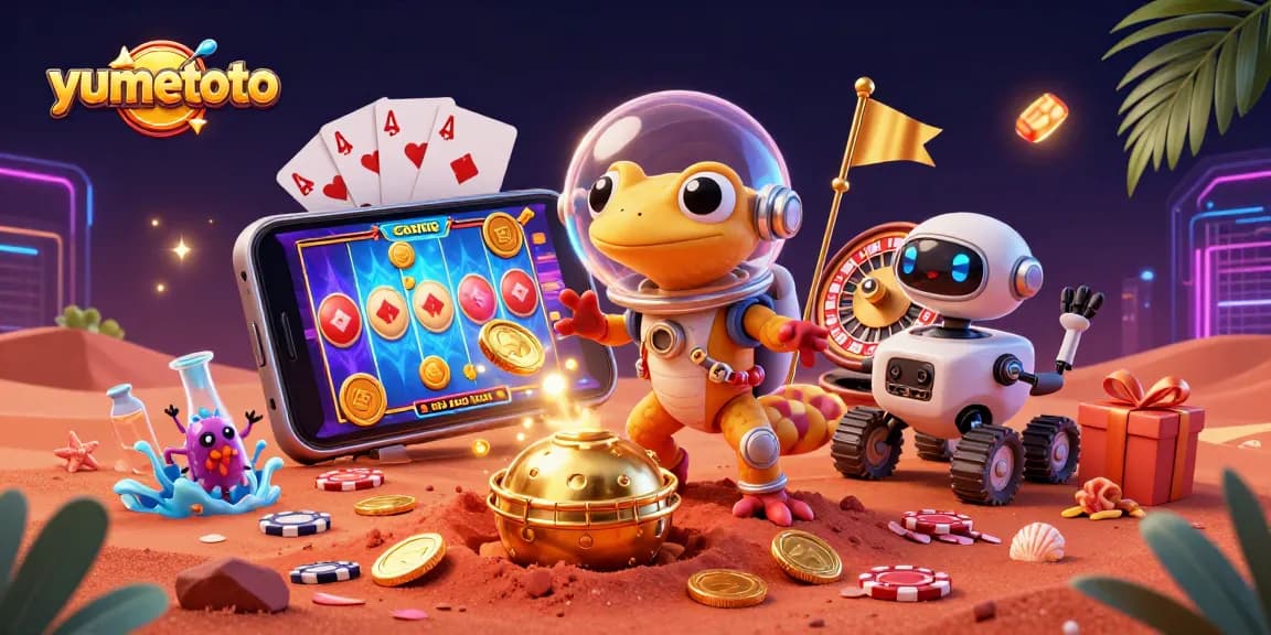 Permainan togel yang mendebarkan di yumetoto dengan karakter Martian gecko dan robot, serta elemen kasino menarik.
