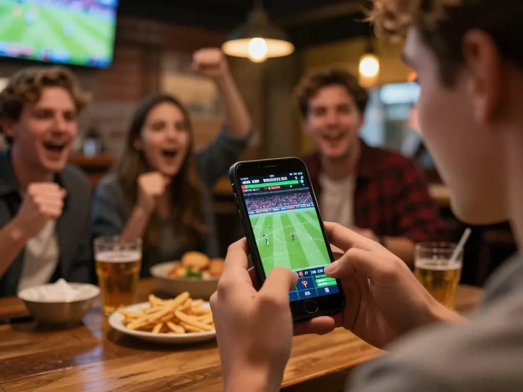 Cakhia TV user actively engaging in sports betting with friends at a vibrant sports bar.