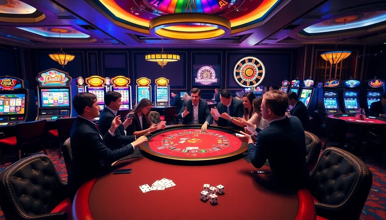 Engage in thrilling games at thabet casino with colorful slot machines and poker tables.