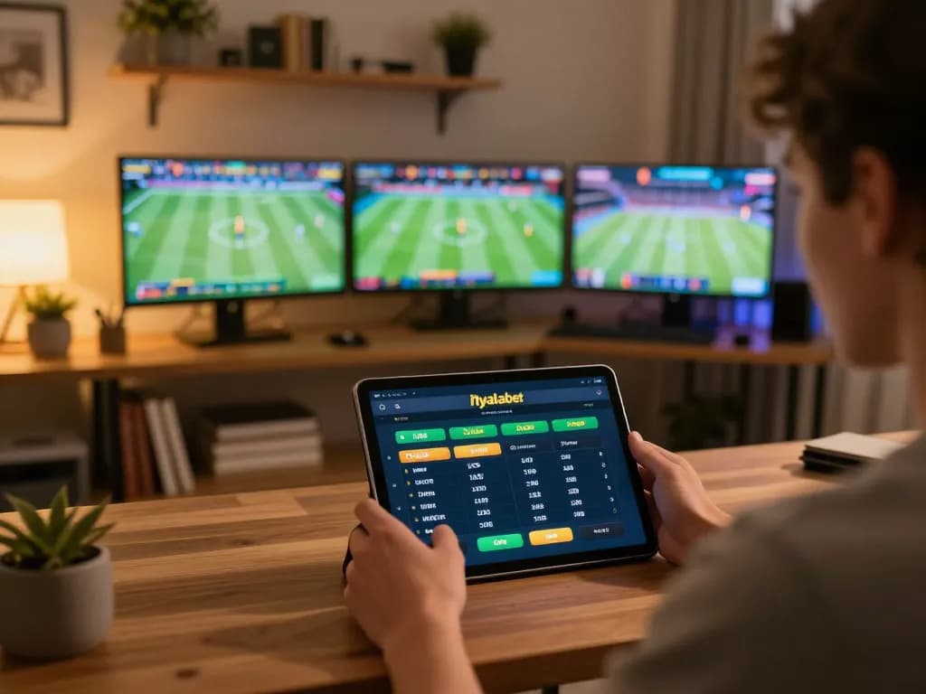 Nyalabet user engaged in live sports betting, analyzing odds on a tablet while in a cozy home setting.