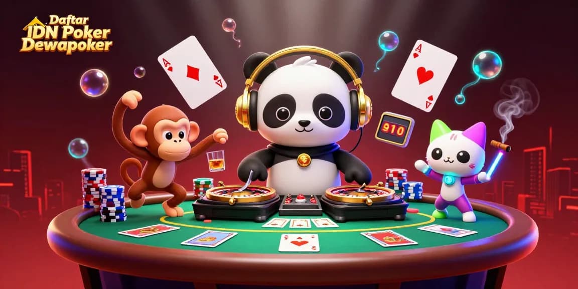 Engage in thrilling poker action at Daftar IDN Poker Dewapoker with playful characters and casino elements.