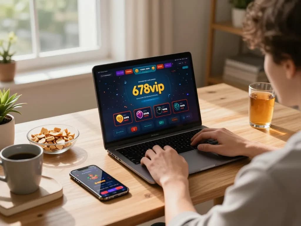 Engaging online gaming session on 678vip with a cozy home setup and vibrant casino app display