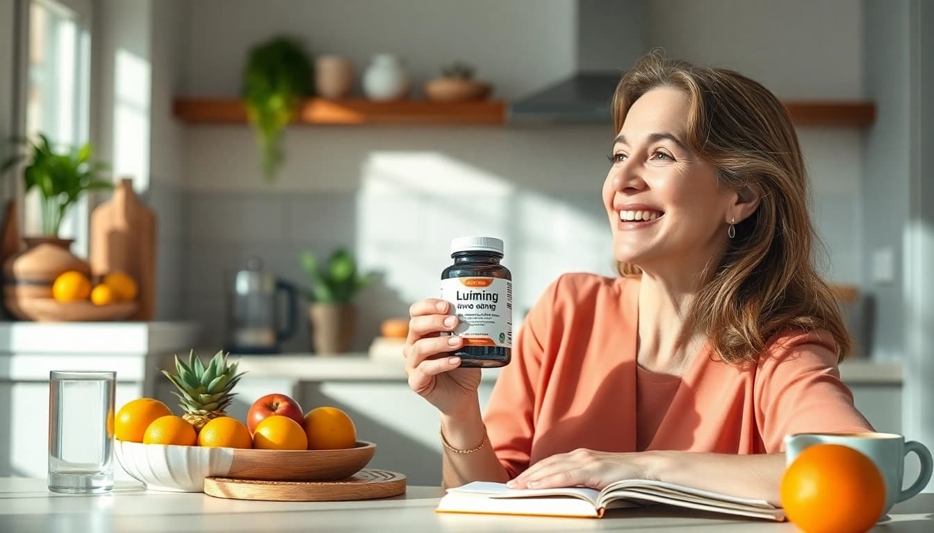 エクオール 10mg サプリのおすすめ。静かなキッチンで健康サプリを楽しむ女性。