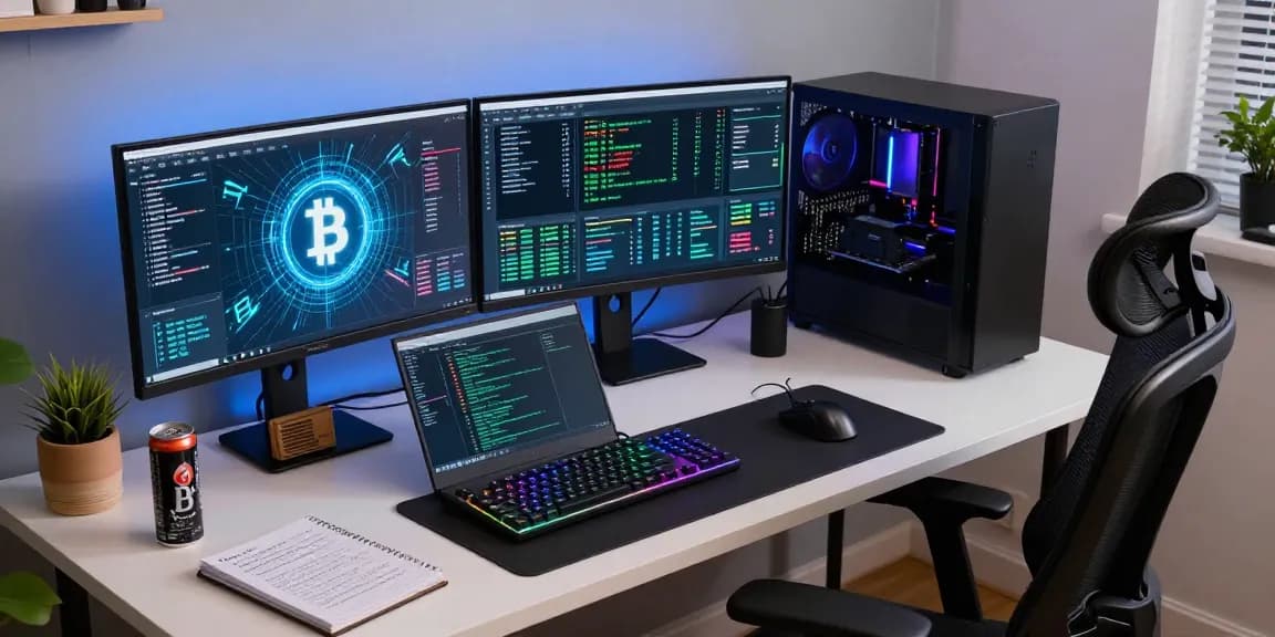 Bitcoin mining setup in a modern home office with dual monitors showcasing blockchain analytics and mining operations, emphasizing security and technology.