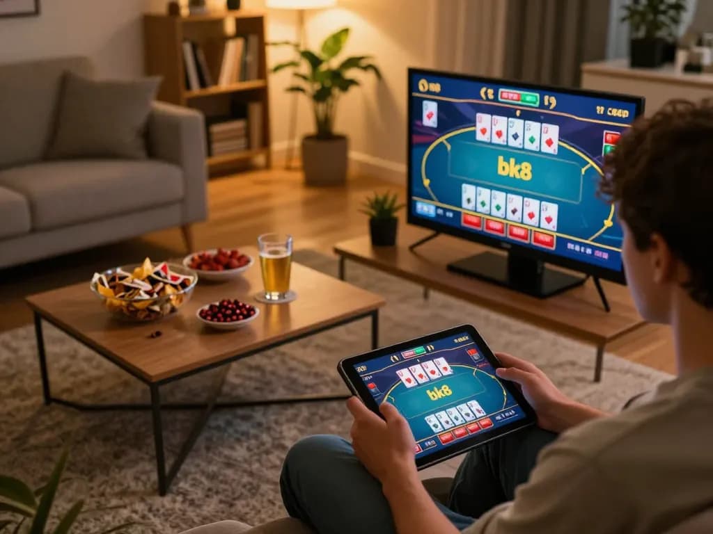 Engaging in a poker game on bk8 app at home, showcasing tablet gaming and snacks