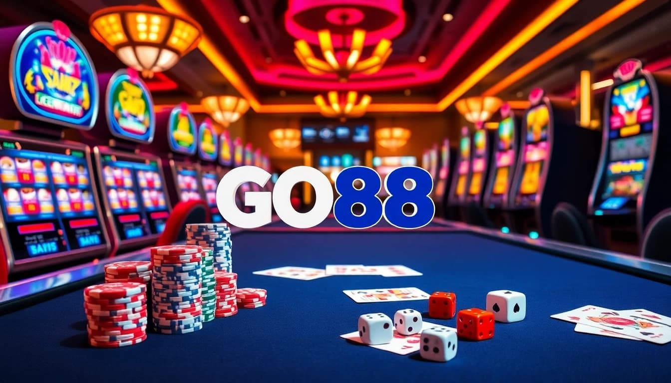 Experience GO88's thrilling online gaming atmosphere with vibrant slot machines and elegant cards.
