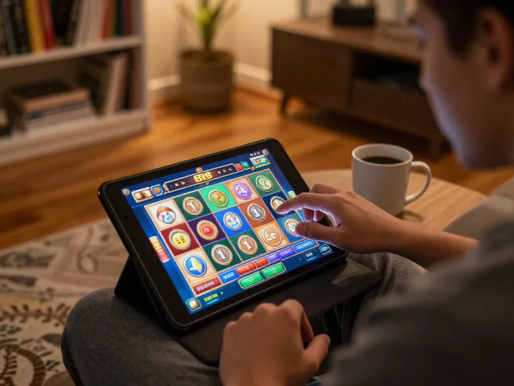 Engaging gameplay on slot88 game displayed on a tablet with cozy home ambiance.