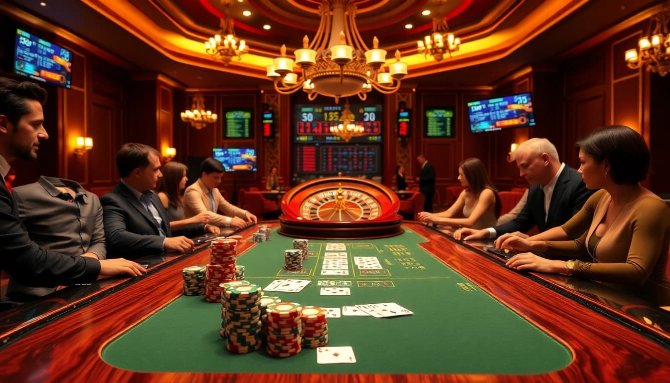 KPI4D players engaging at an elegant casino poker table with colorful chips and cards.