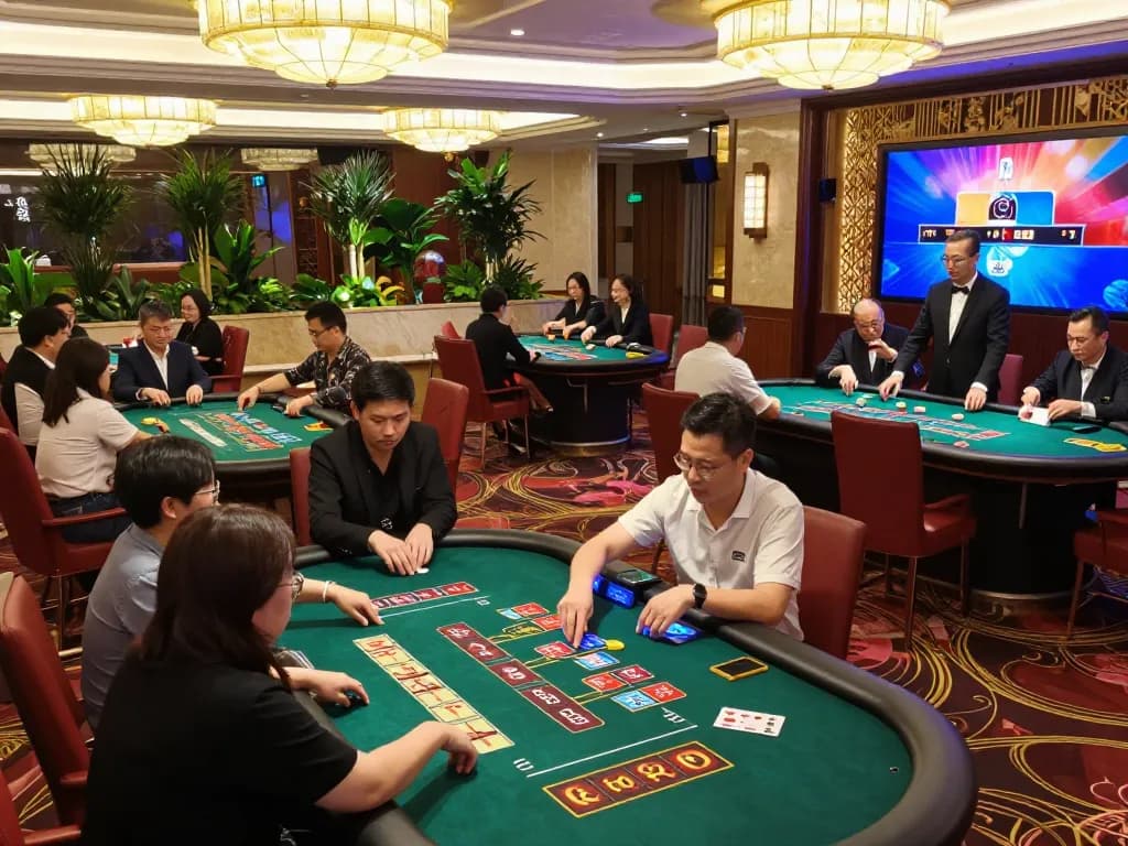 Players enjoying high-stakes games in a lively 5699 casino, showcasing intense gameplay and luxury ambiance.