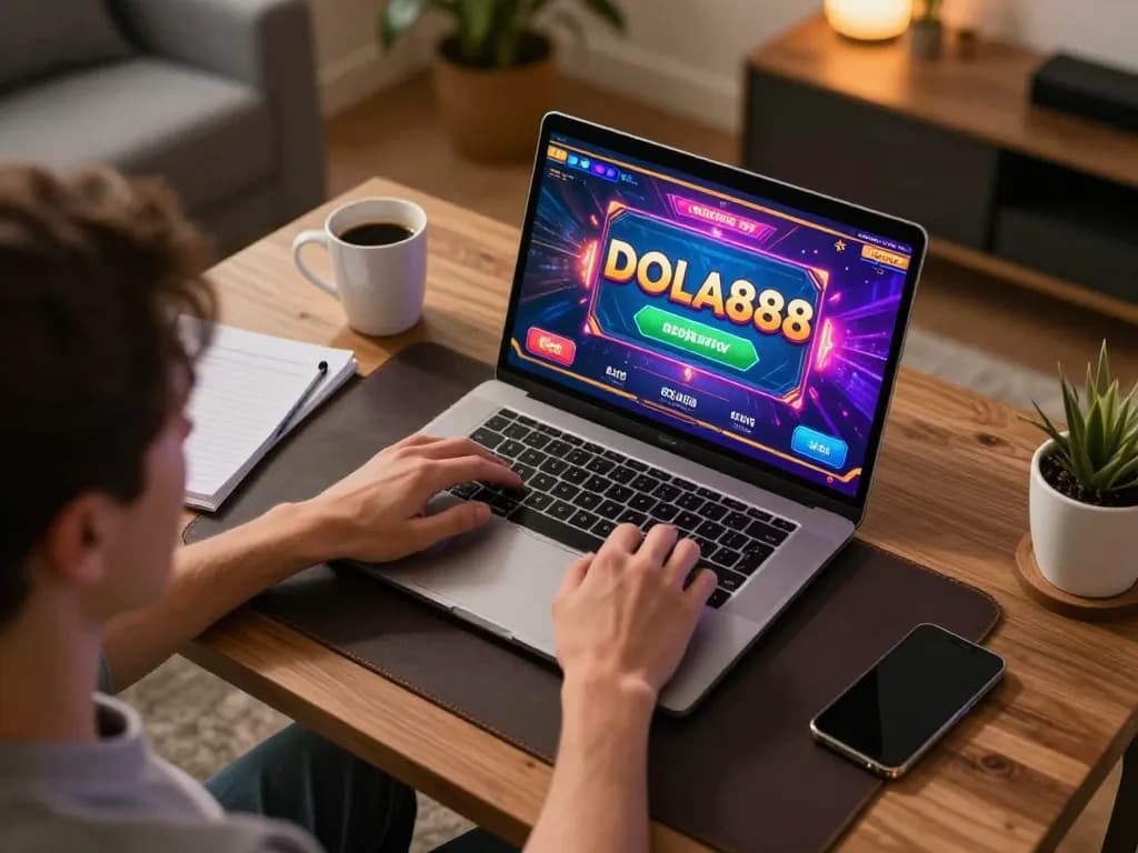 Player engaging with DOLA88 online casino interface, displaying vibrant game graphics in a cozy home office.