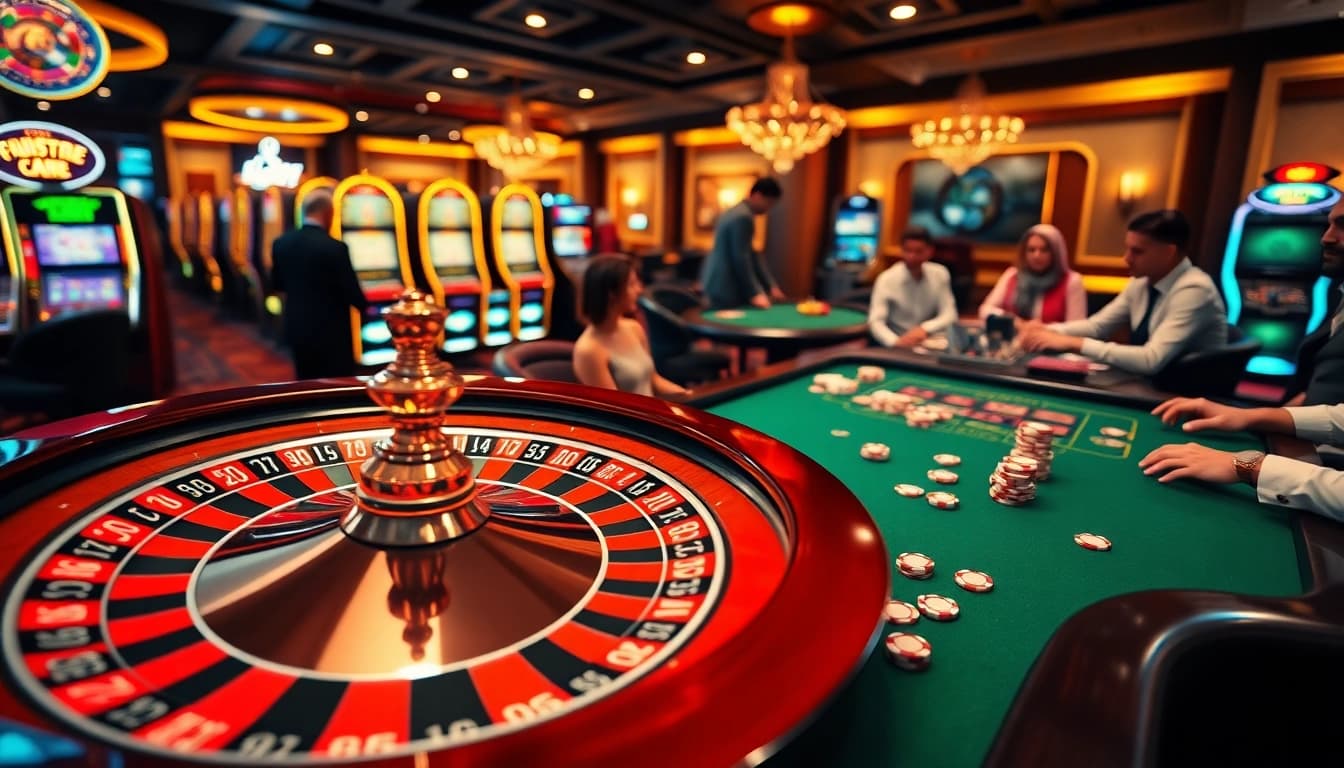 Scène engageante d'un casino en ligne avec des tables de roulette et de poker vibrantes.