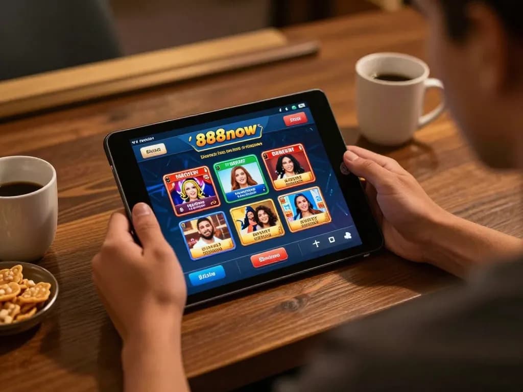 Engaging with 888now com online gaming interface on a tablet in a cozy home atmosphere.