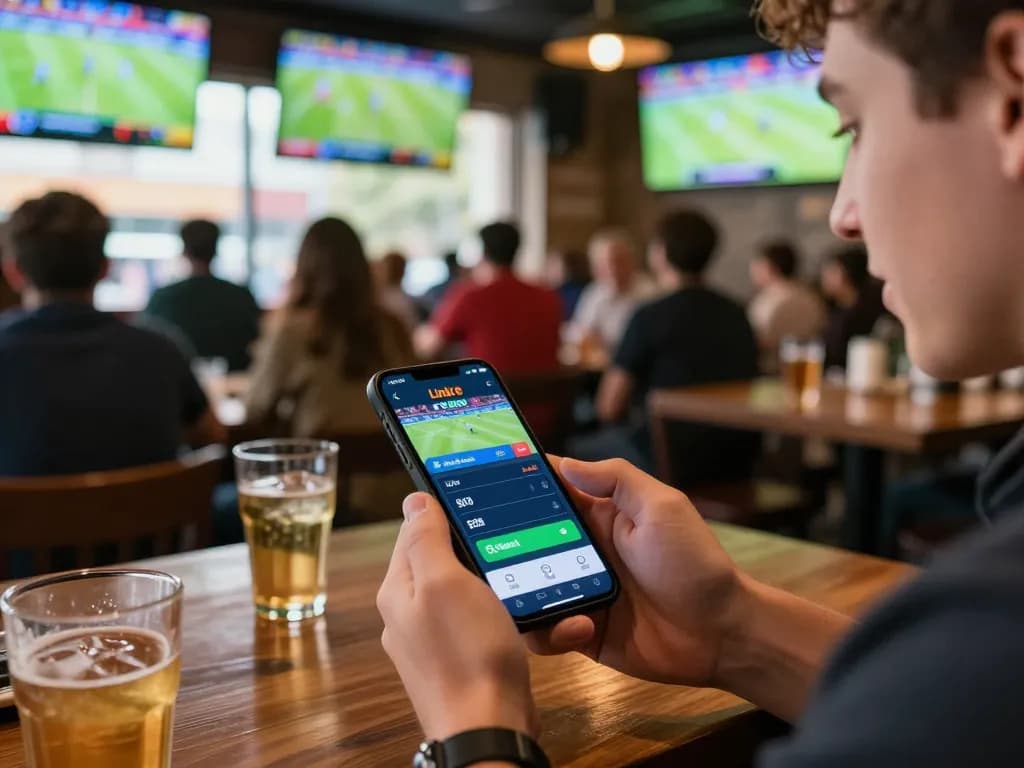 Join the excitement of sports betting with Link FB88 app, as players engage in live betting at a vibrant sports bar.