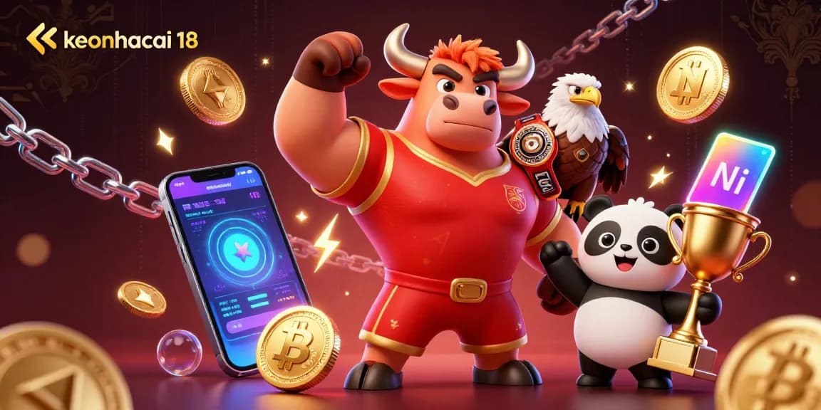 Engage with keonhacai 18 as the bull mascot celebrates winning big with crypto elements.