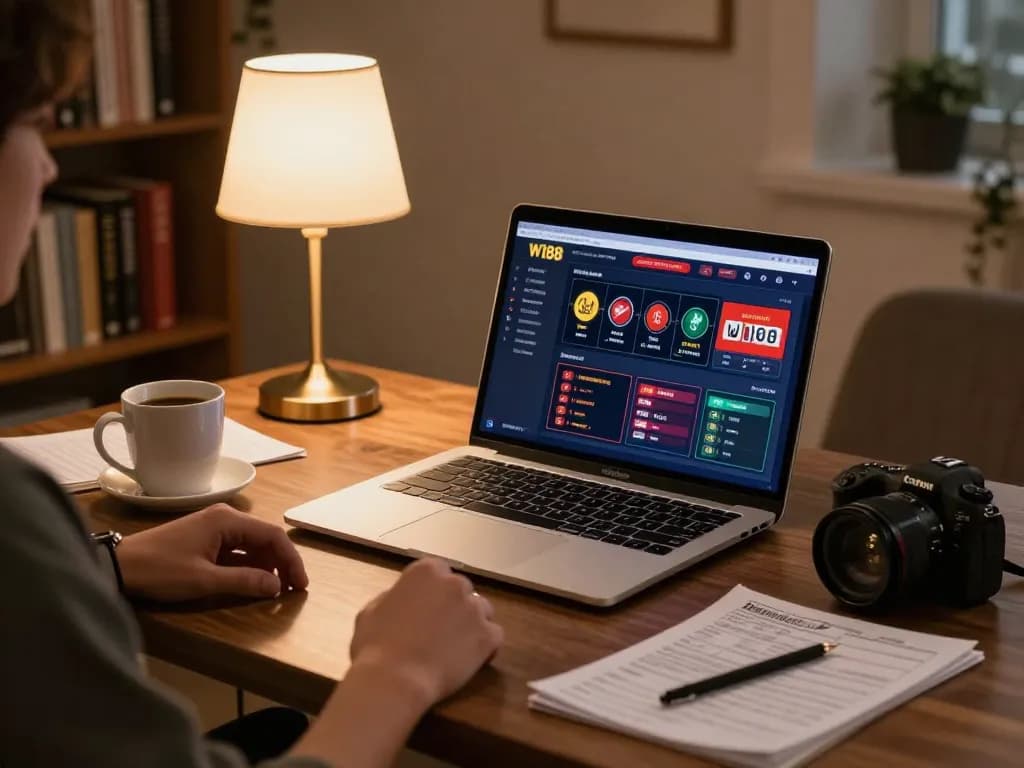 Engaging in W188 online gaming with vibrant interface, coffee nearby in a cozy setup.