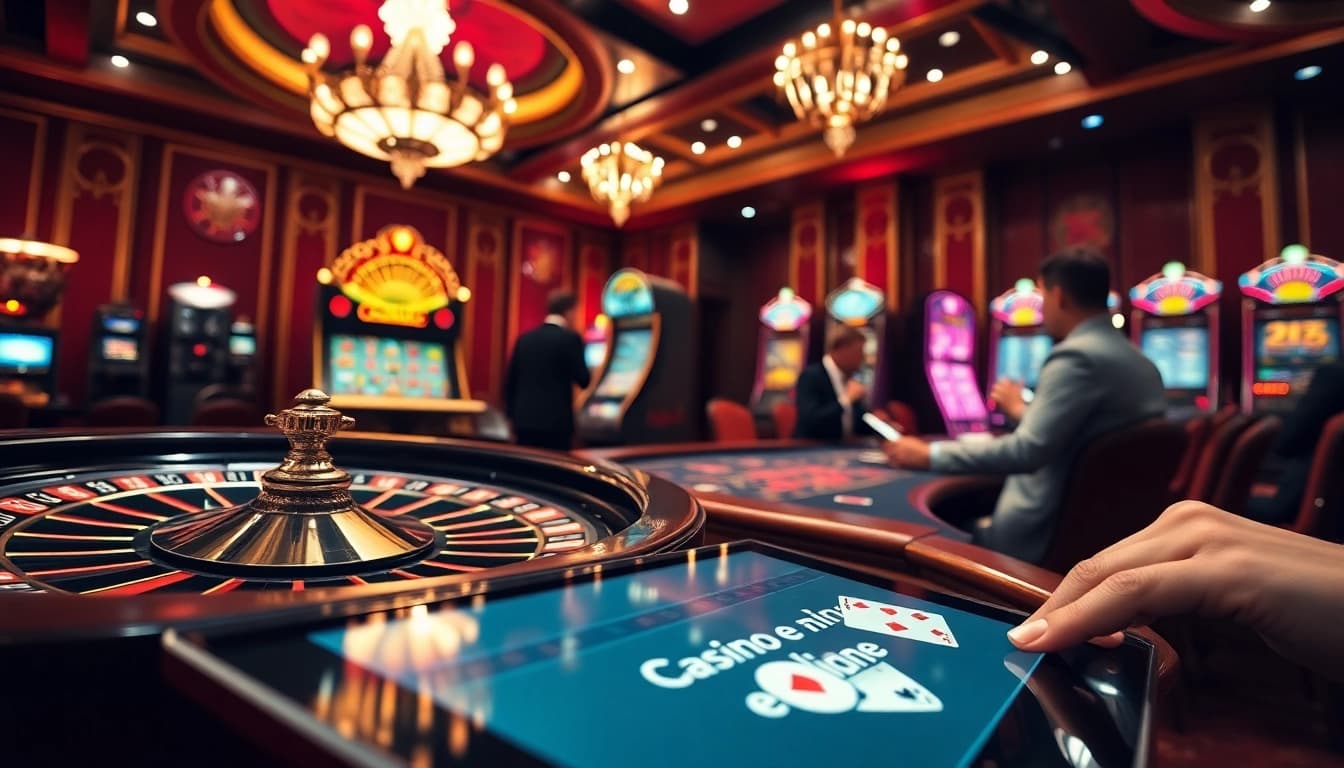 Découvrez une atmosphère 'casino en ligne' captivante avec des tables vibrantes et des joueurs enthousiastes.