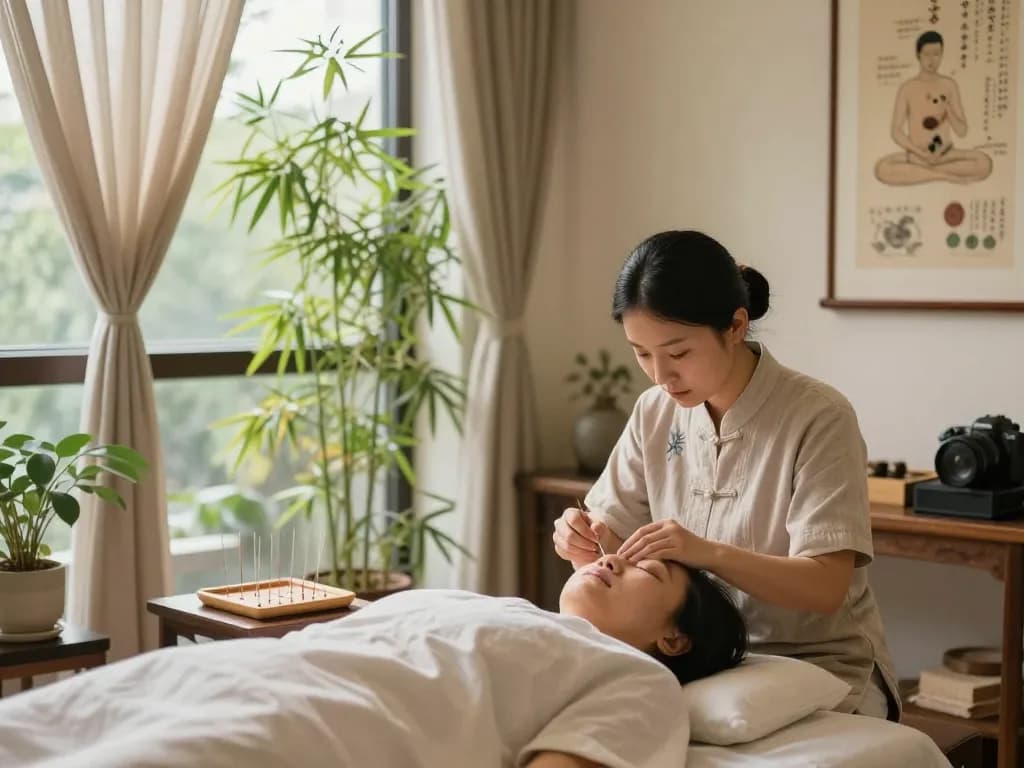 Healing experience at 수원한의원 with acupuncture treatment in serene clinic.