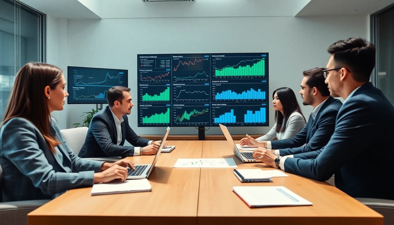 Analyze data to find competitor pricing with a focused business team in a modern office.