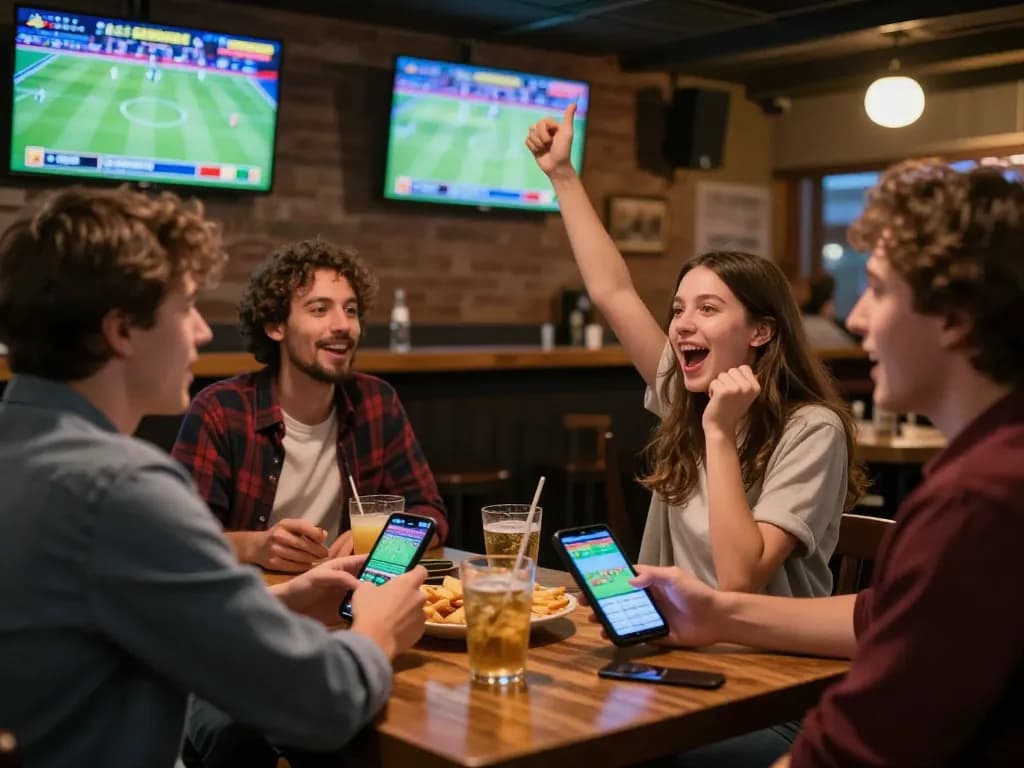 Friends enjoying sports betting at online casinos Canada in a lively sports bar atmosphere.