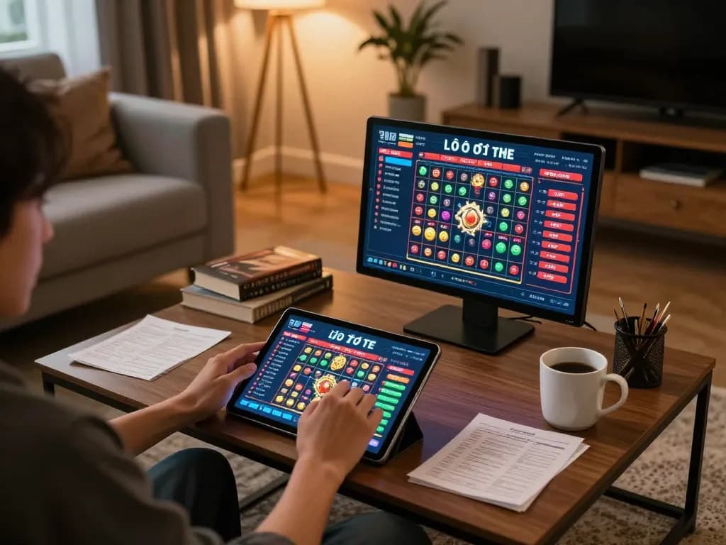 Lô đề online gameplay on a tablet in a cozy living room setting with strategic betting notes.