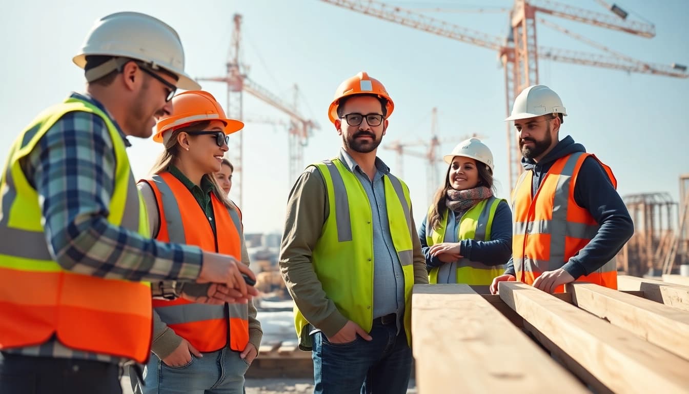 Workers in a construction association collaborating on-site with safety gear.