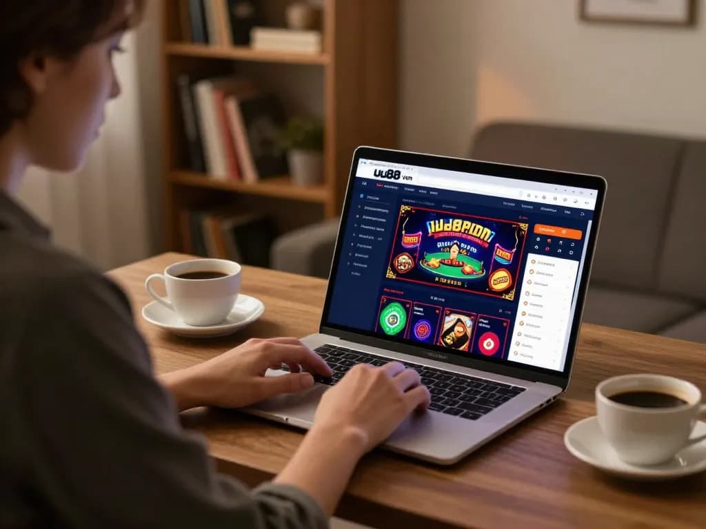 Engaging in online gambling at uu88 vom with a modern laptop setup and cozy ambiance.
