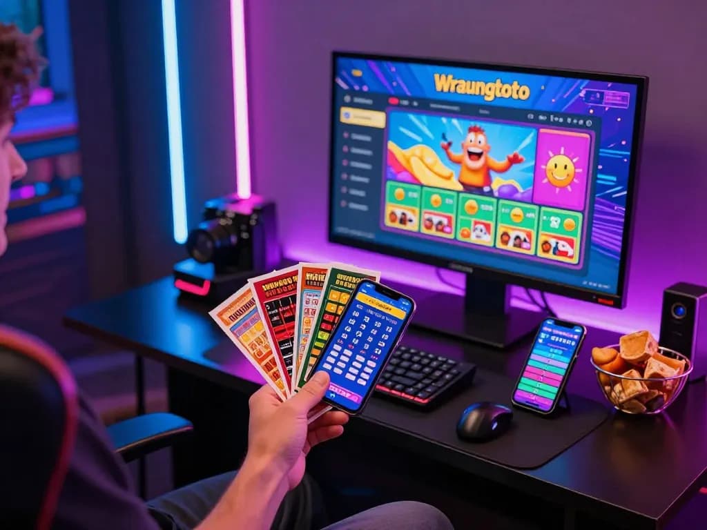 Excited player engaged in online gaming on Wraungtoto platform with vibrant display.
