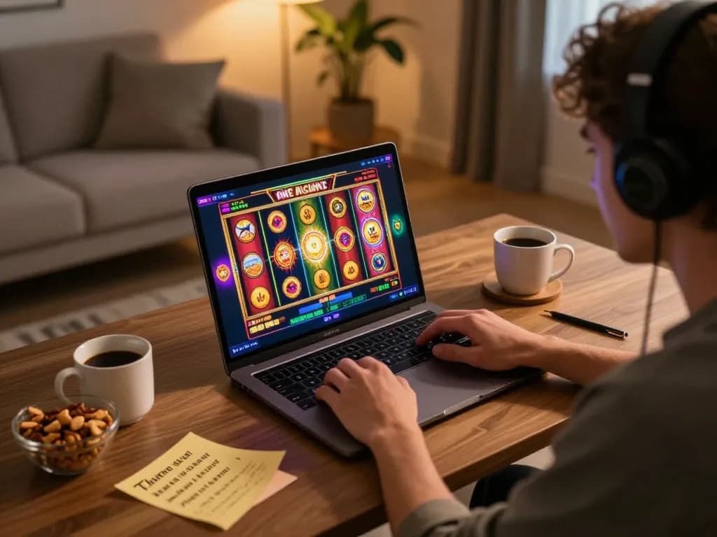 Player enjoying Mesingg online slots on laptop, capturing the excitement of strategic gaming in a cozy setting