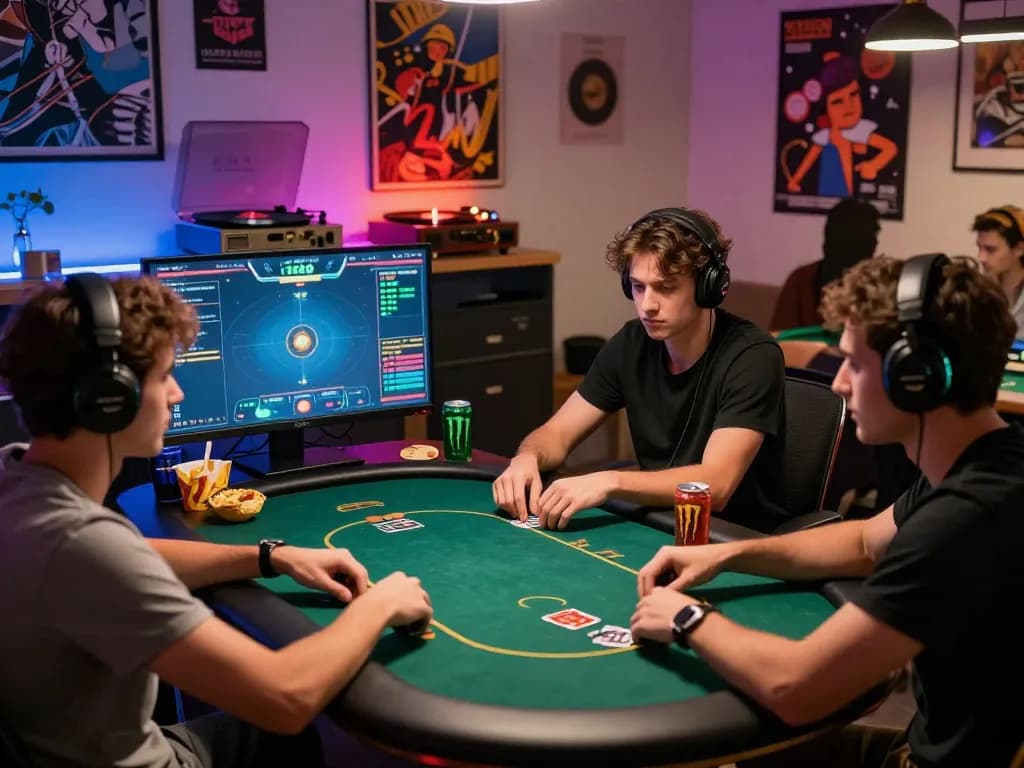 Friends enjoying an exciting go88 online poker game night in a vibrant urban loft.