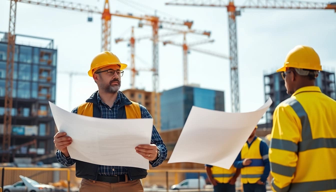 New York City Construction Manager coordinating a lively construction site with blueprints in hand.