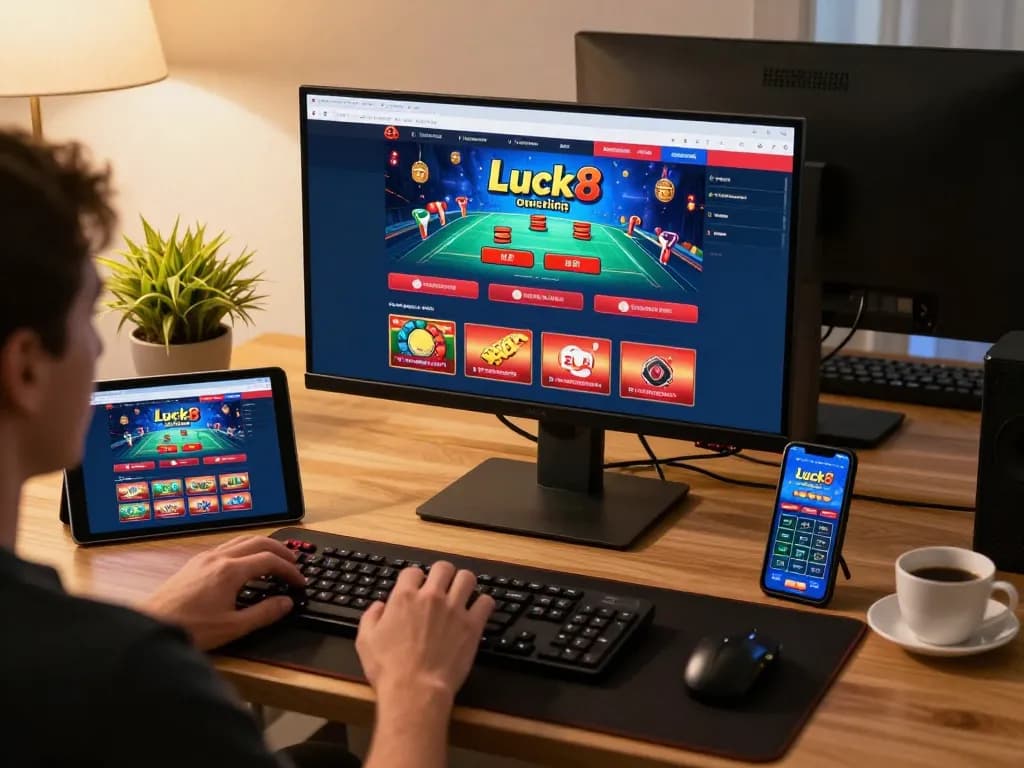 Player engaging in online gaming at luck8 casino on stylish desk, showcasing modern betting experience