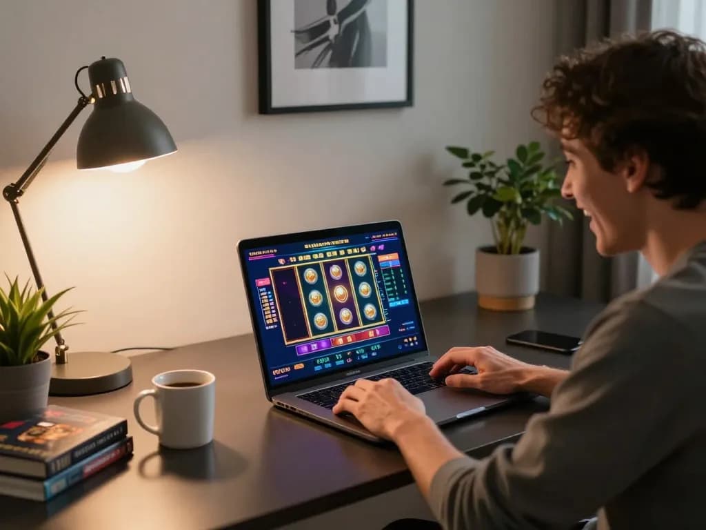 Situs 1k engaging gameplay session on a stylish home desk, showcasing online casino excitement.