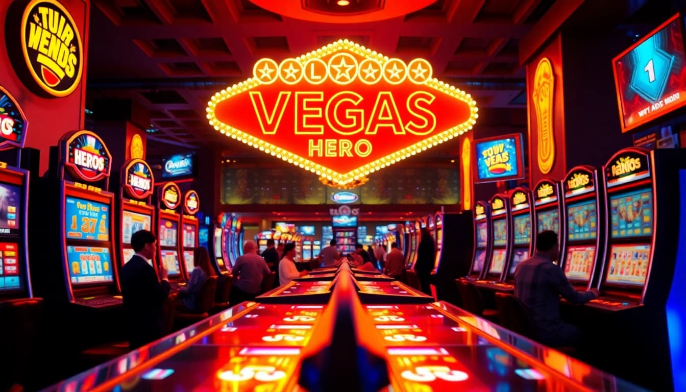 Exciting scene showcasing players enjoying games at Vegas hero casino with colorful lighting.