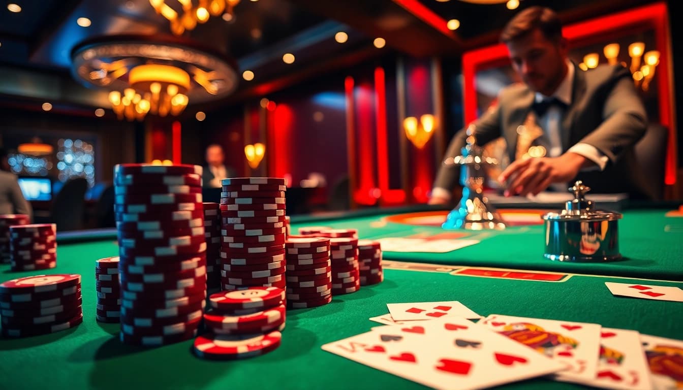 Jouez au poker dans un casino en ligne luxueux avec des jetons et des cartes vibrants sur une table élégante.