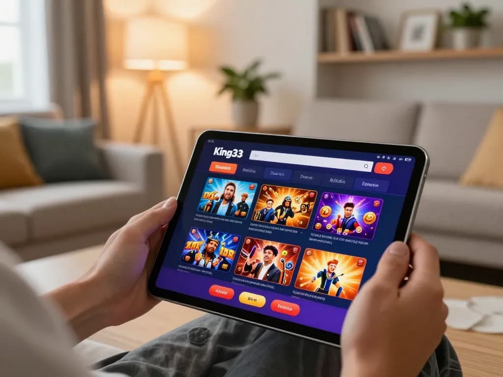 Engaging in online gambling at king33 on a tablet in a cozy home setting, showcasing strategic gameplay.