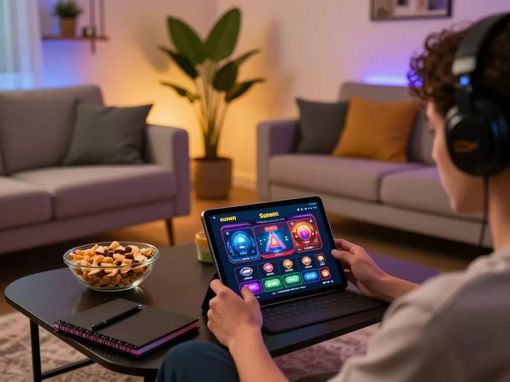 Engaging user playing on the Sunwin app on a tablet in a cozy home setting with snacks.