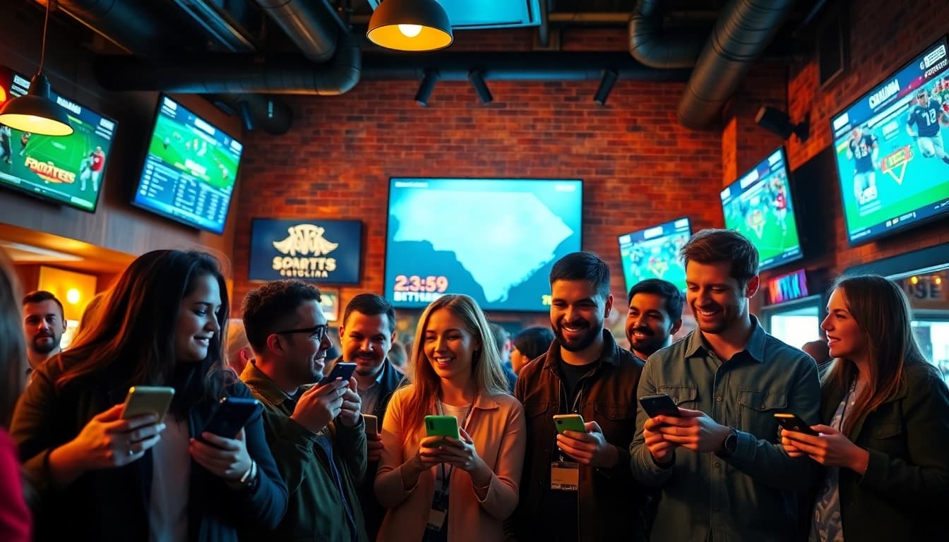 Engaged fans enjoying sports betting apps South Carolina in a lively sports bar atmosphere.
