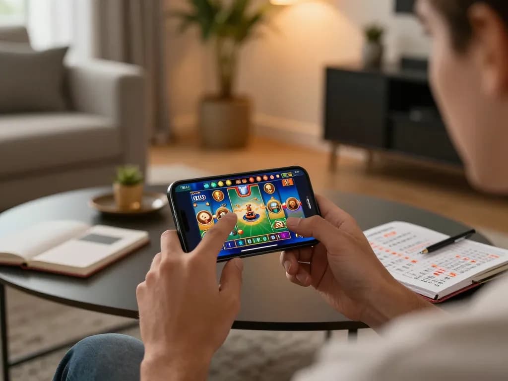 Exciting mobile gaming session for w 88 with vibrant game graphics on smartphone and strategic betting notes.