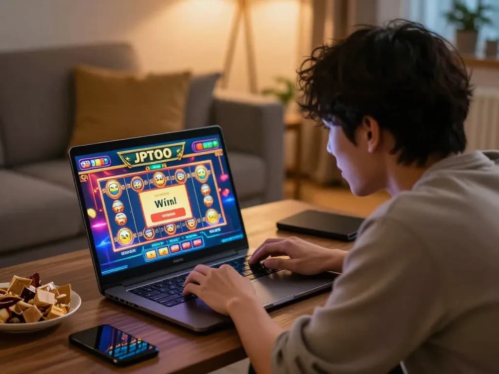 Engaging with JPTOTO for online slot games at home, featuring a vibrant gaming interface.