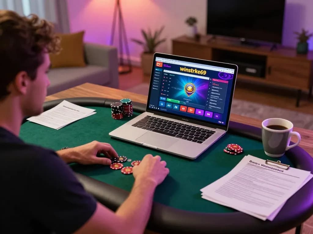 Engage in online poker action with winstrike69 interface displayed on a laptop, showcasing strategic gameplay.
