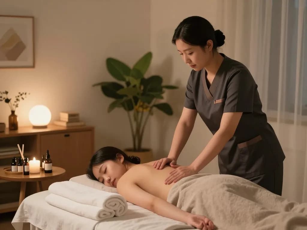 Rejuvenating 부천 출장마사지 setting with professional therapist preparing a cozy home atmosphere.